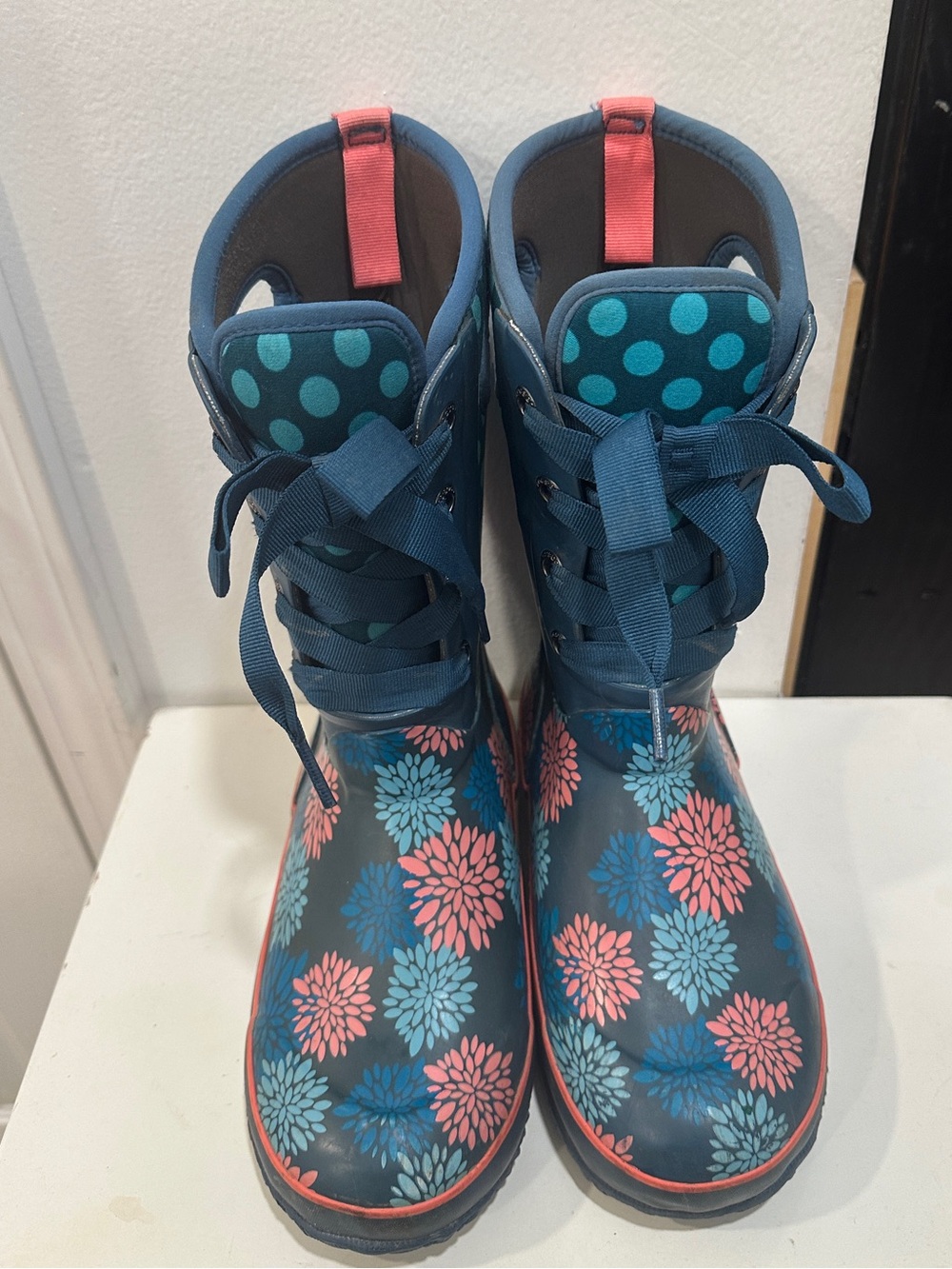 Bogs Girls Blue Insulated Warm Waterproof Wellies Boot US 4 Casey Pompoms